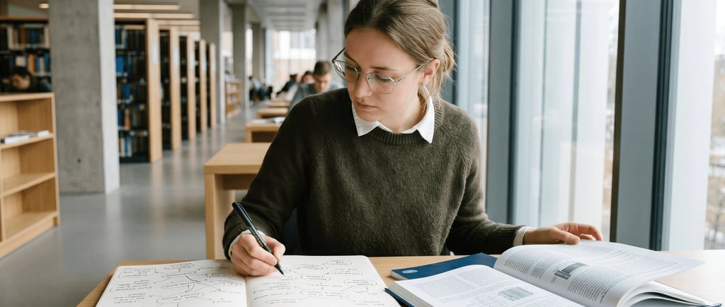 Joven investigadora trazando un mapa mental en un cuaderno para definir preguntas orientadoras