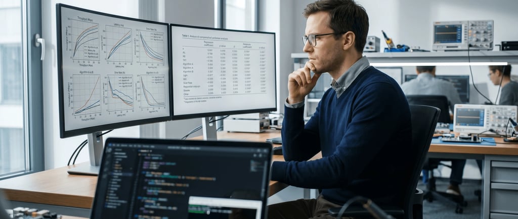 Investigador analizando datos de rendimiento de software para tesis.