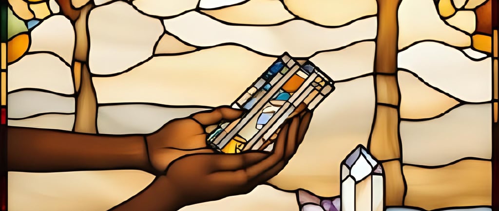 Stained glass illustration of hands, representing intuition, frequency and spiritual alignment 