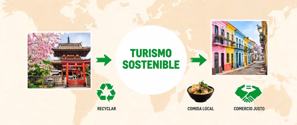 Infographic for sustainable tourism featuring cultural sites, recycling icons, and local food on a world map.