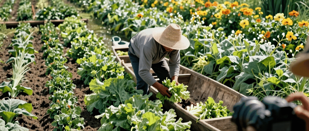 A farmer in a straw hat harvests organic green vegetables on a sustainable farm. IA image.