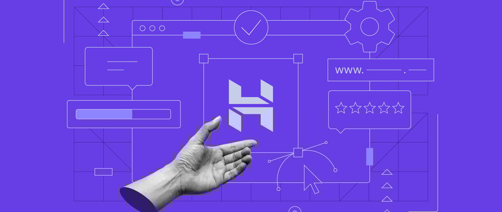 A conceptual digital interface with a hand pointing to a web design layout and the Hostinger logo.