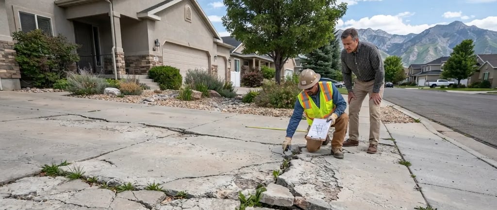 A concrete contractor explaining concrete driveway damage to a homeonwner at West Valley City, UT