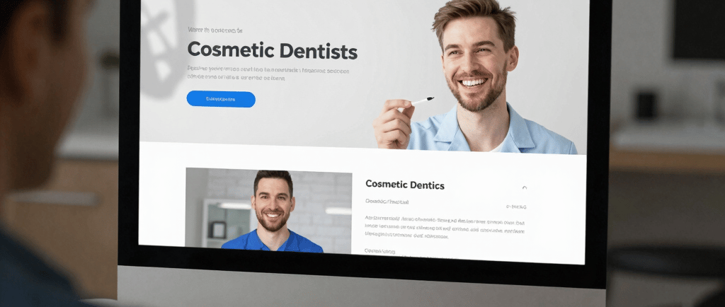 A sleek laptop displaying a vibrant, modern website design with blue and green gradient accents on a clean white desk.