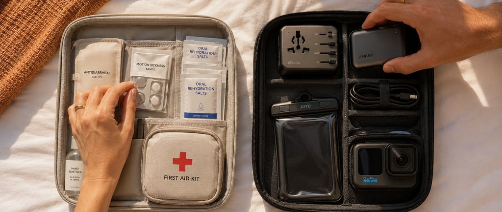 Travel first aid kit and electronics organizer with portable power bank, GoPro, and motion sickness medicine.