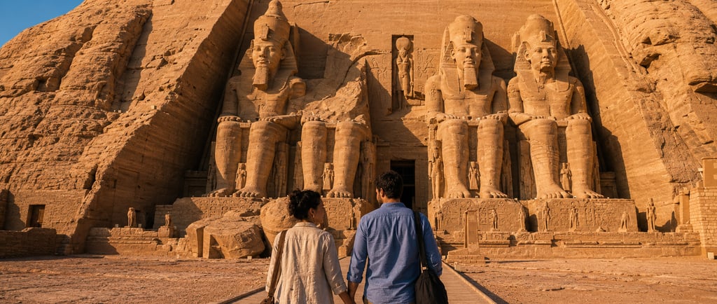 A couple holding hands while walking toward the Great Temple of Abu Simbel in Aswan, Egypt.