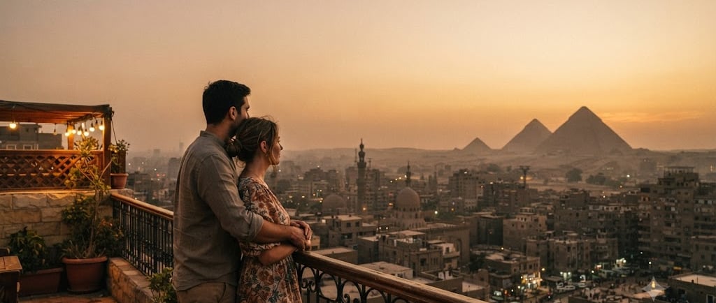 Couple watching a sunset over the Great Pyramids of Giza from a rooftop balcony in Cairo, Egypt.