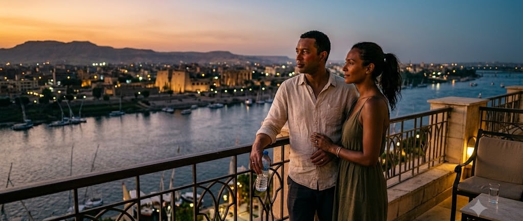 Couple watching the sunset over the Nile River and Luxor Temple from a luxury balcony in Egypt.
