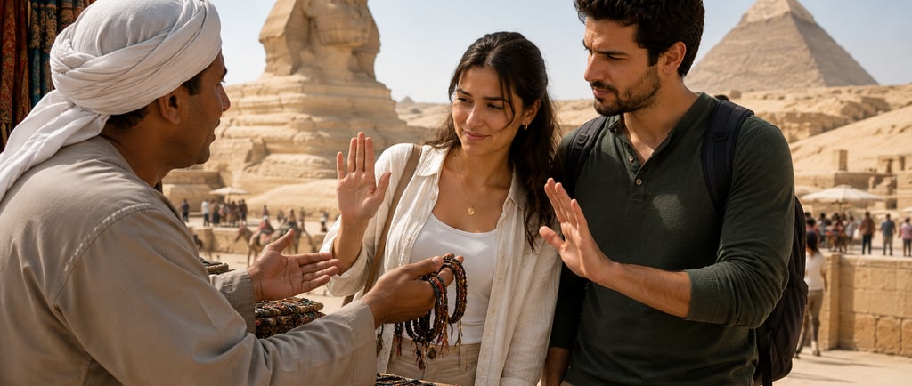 Tourists decline souvenirs near the Great Sphinx and Pyramids of Giza in Egypt.