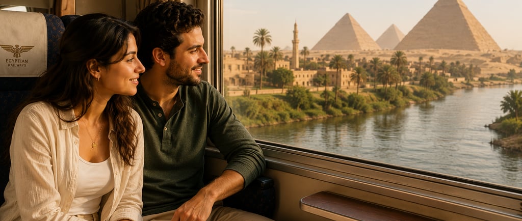 A couple on an Egyptian train looking out the window at the Great Pyramids of Giza and the Nile River.