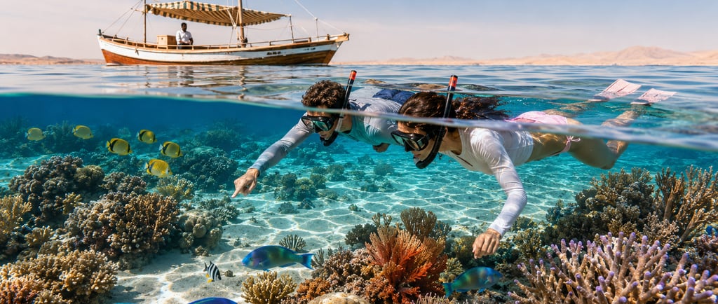 A couple snorkeling in clear turquoise water near a coral reef with tropical fish in Hurghada.