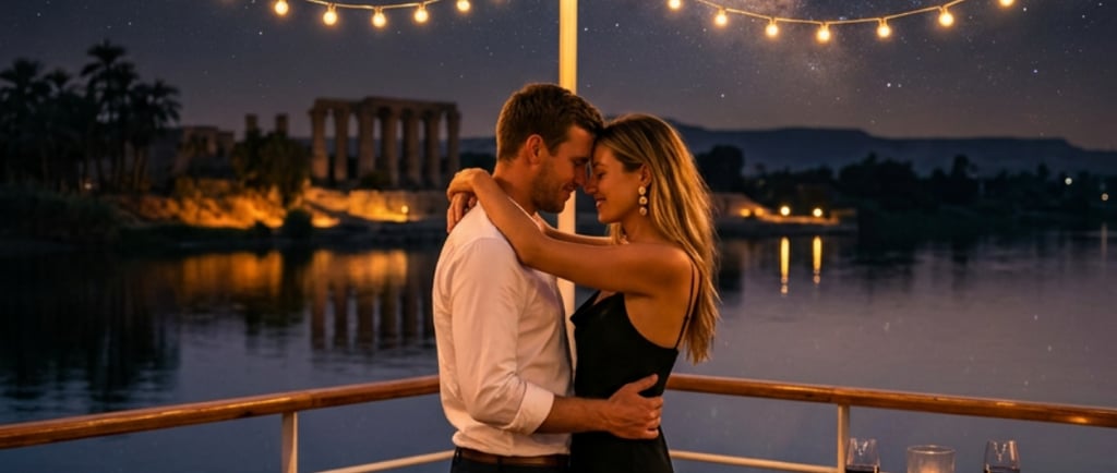 Romantic couple embraces on a Nile River cruise at night under the Milky Way, with the Luxor Temple illuminated