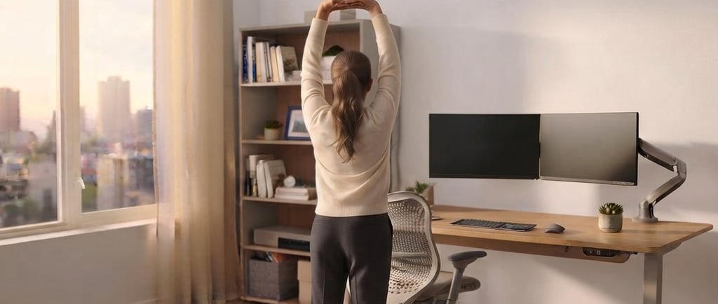 A professional woman stretches her arms upward in a minimalist office.