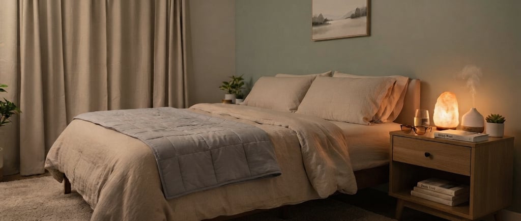 Cozy bedroom with beige linen, a blue throw, and a nightstand with a salt lamp and diffuser at dusk.