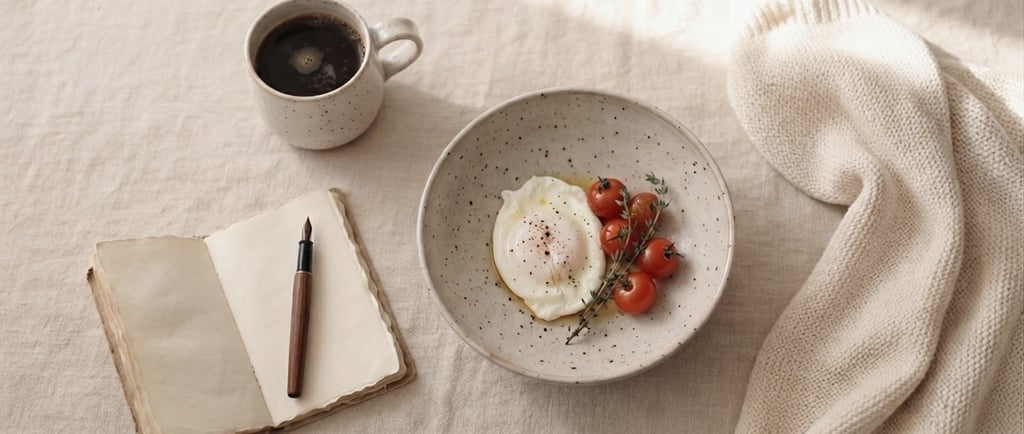 Minimalist flat lay of coffee, poached egg breakfast, and open journal on a neutral linen surface