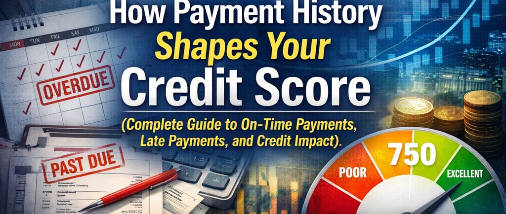 Payment history credit score concept showing overdue bills, calendar with late payments, and credit 