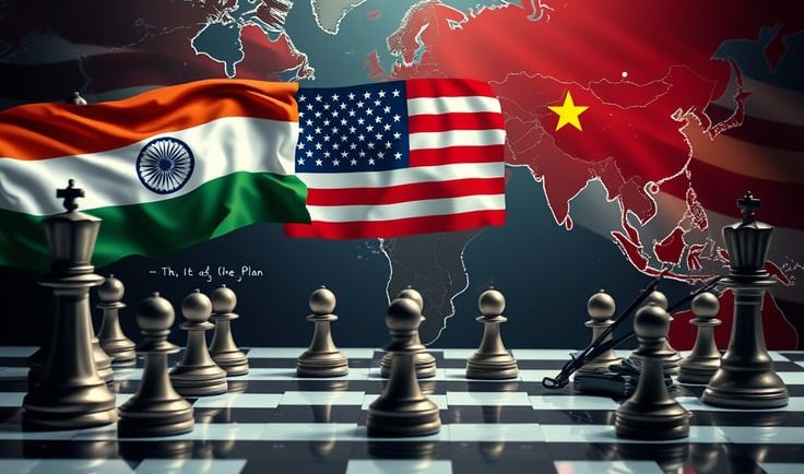 India and USA flags over a chess board representing global geopolitics and strategic foreign policy.