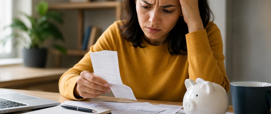 A stressed woman reviews bills and a receipt at her desk with a calculator and piggy bank.