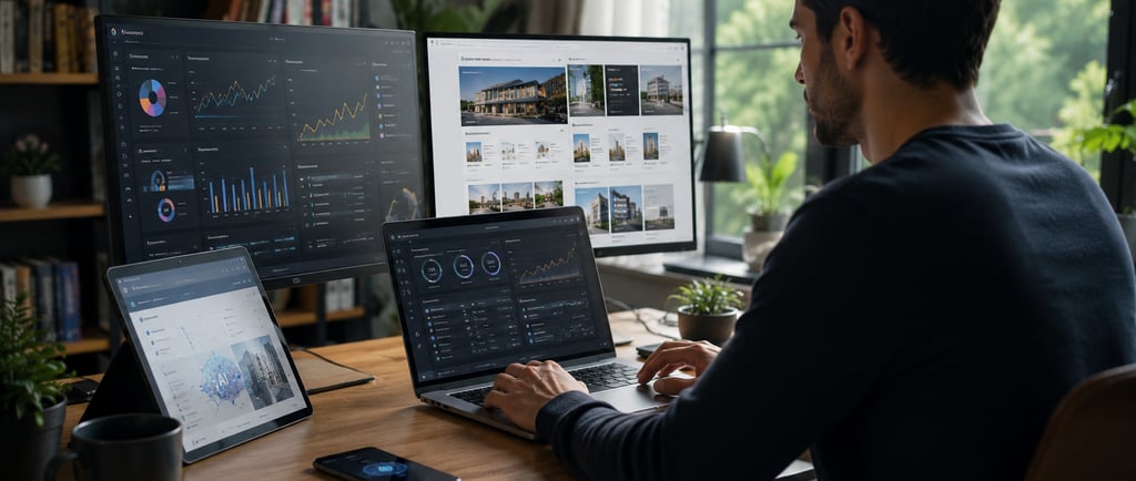 -A modern entrepreneur working on a laptop with multiple website designs and AI tools visible on scr