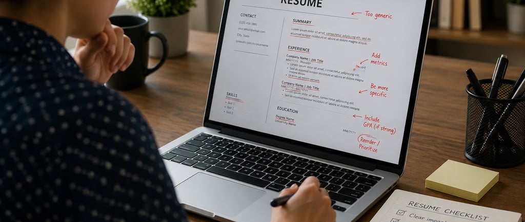 person reviewing resume mistakes on laptop