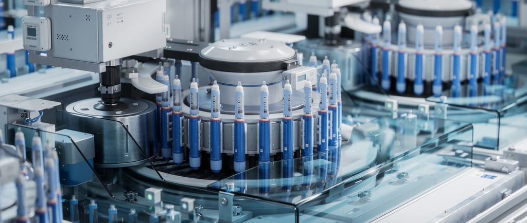 Insulin injection medical devices during assembly and manufacturing process.