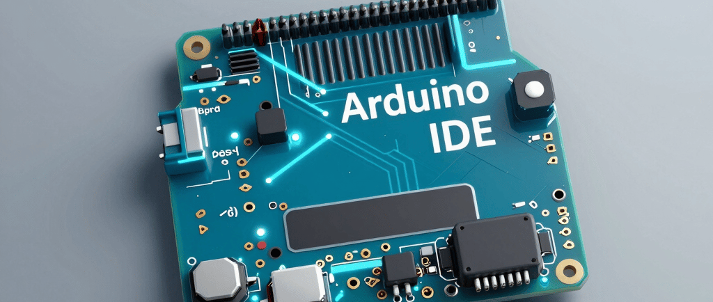 Close-up of a glowing Arduino board with colorful wires connected, set against a dark, futuristic background.