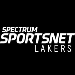 White Spectrum SportsNet Lakers logo isolated on a solid black background.