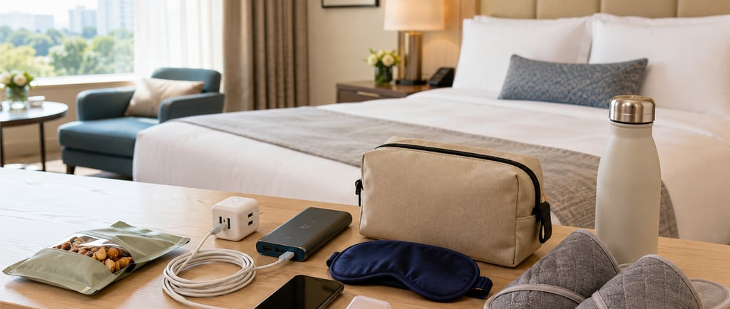 Essential travel accessories including a power bank, sleep mask, and slippers laid out in a luxury hotel room.