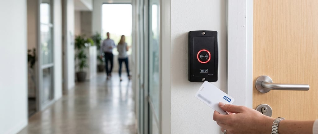 A proximity card reader installed on a commercial office door, representing access control systems for UK businesses.