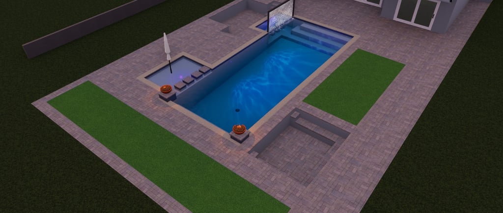 Custom backyard pool design with outdoor living space and modern layout
