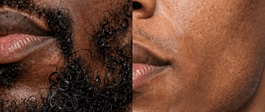 Close-up of a well-groomed man applying beard oil in a cozy bathroom.