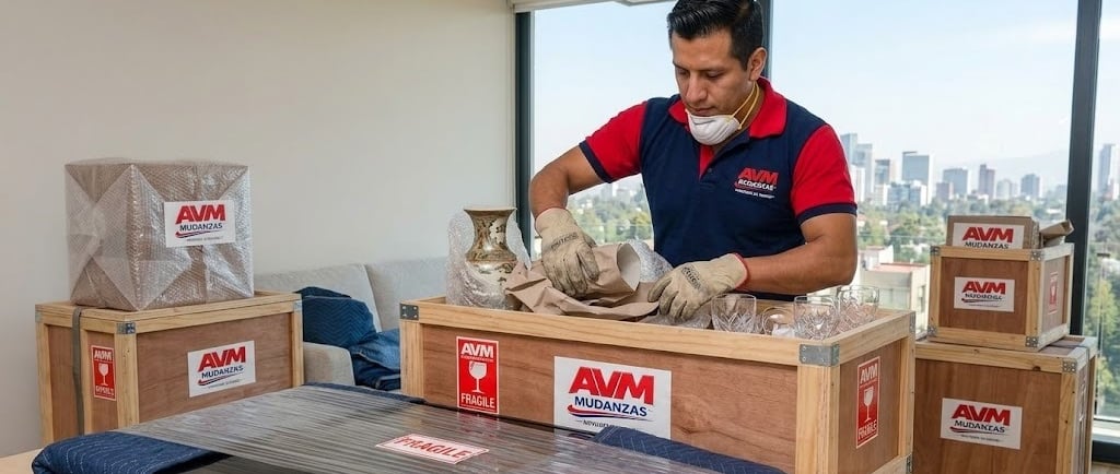 Operador de AVM Mudanzas realizando el empaque profesional de una pantalla y objetos frágiles