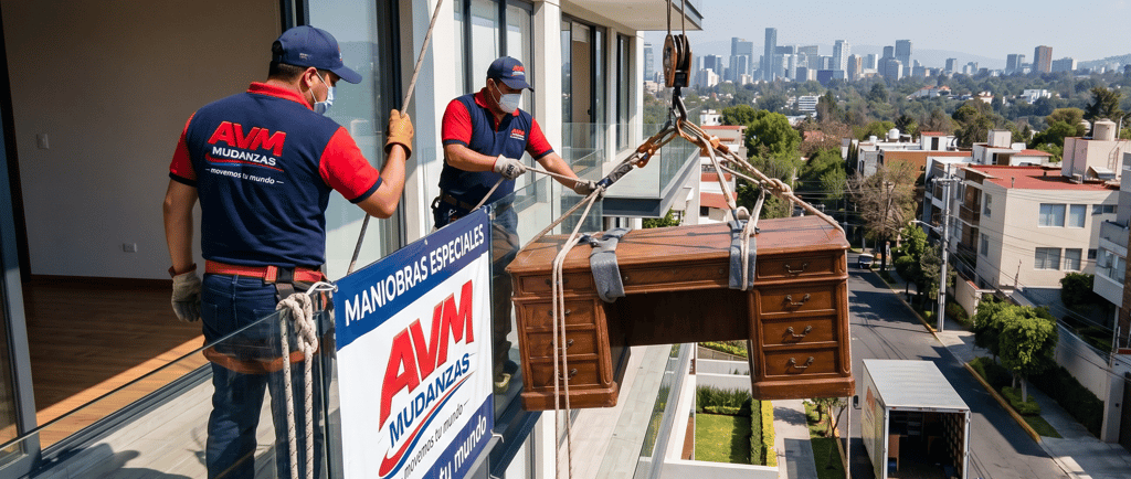 Personal de AVM Mudanzas realizando un volado de muebles seguro en un edificio de la CDMX.