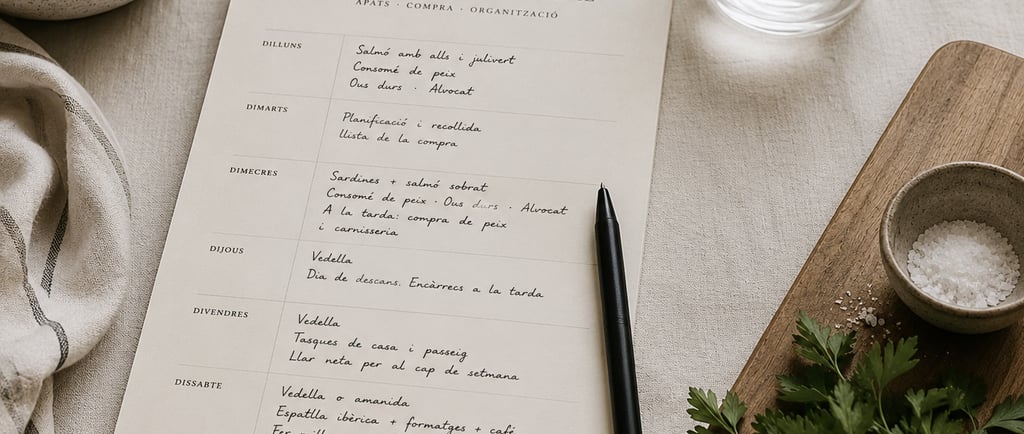Handwritten weekly meal planner on a dining table with fresh eggs, herbs, and a glass of water.