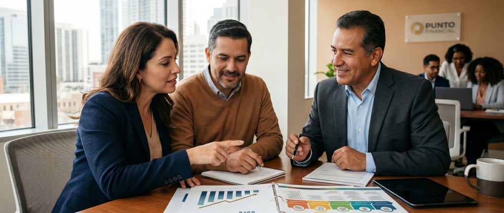 Pareja hispana en USA hablando de protección familiar con mentor financiero. 