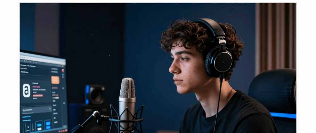 A male artist with headphones and a microphone in a studio for music marketing and song promotion.
