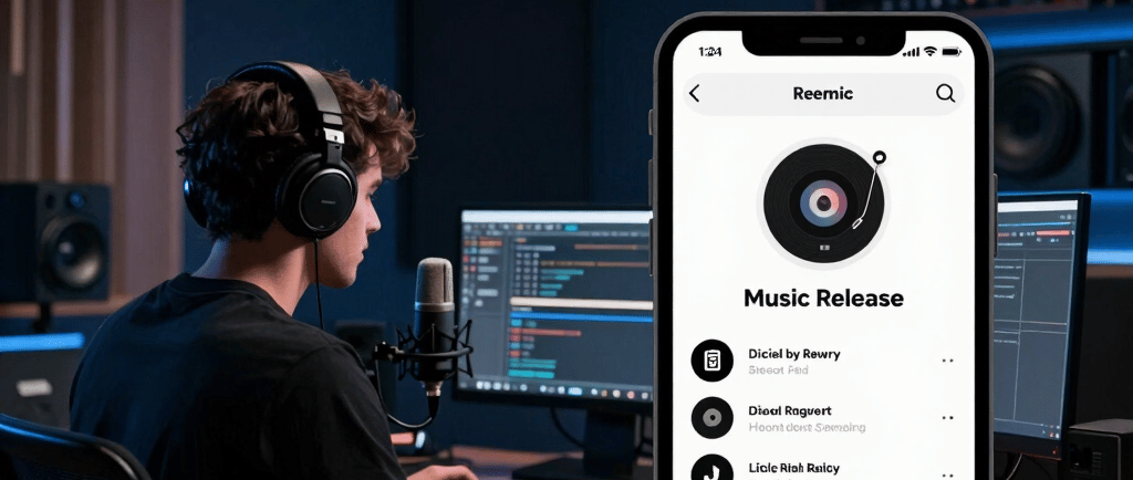 Music producer in a recording studio using a music promotion app to release a new song.