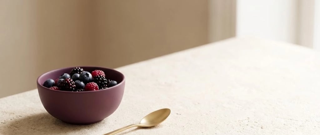 A minimalist and calming sand and plum-colored background featuring brain-healthy berries.