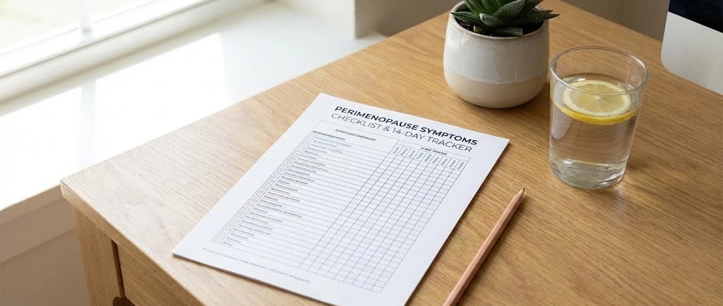 A perimenopause symptoms checklist and 14-day symptom tracker on a wooden desk