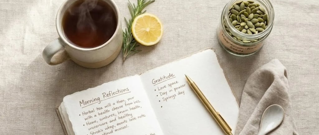 A wellness journal and herbal tea on a linen surface, illustrating the process of tracking perimenopause symptoms.