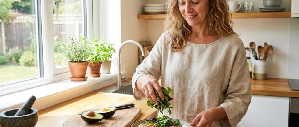 Woman in her late 40s preparing a balanced Peri Plate meal in her kitchen — simple perimenopause nutrition in practice