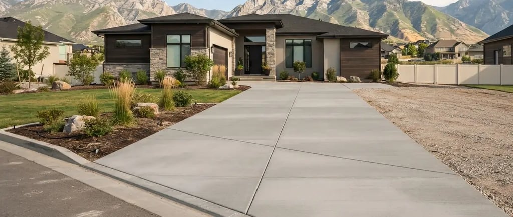 A freshly poured, smooth broom-finished concrete driveway leading up to a modern single-story home in Lehi, Utah