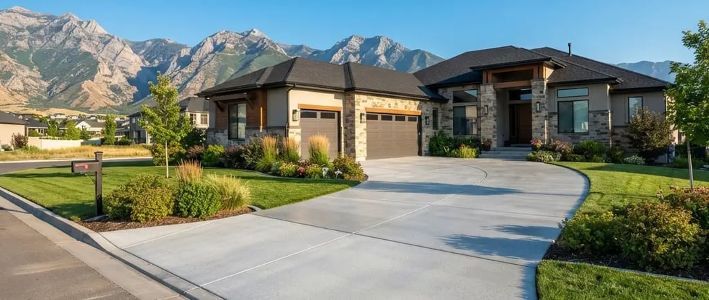A freshly poured, smooth gray concrete driveway leading to a modern suburban home in Lehi, Utah,