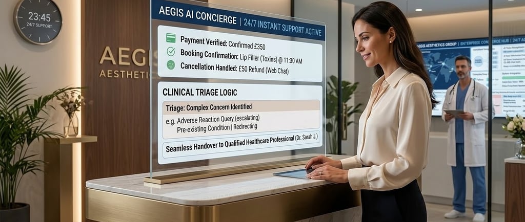 AI patient follow-up concierge system at UK aesthetics clinic reception desk