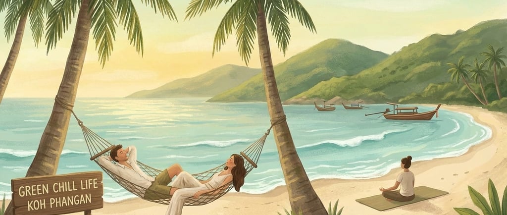 Illustration of a couple in a hammock and a person meditating on a peaceful Koh Phangan beach next to a "Green Chill Life"