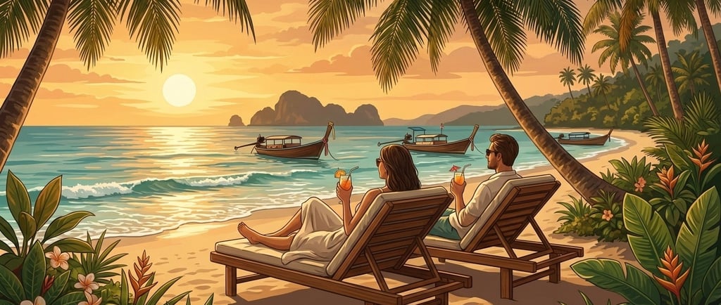 Phuket beach during a golden sunset, surrounded by palm trees and turquoise water, reflecting the calm Green Chill Life TH