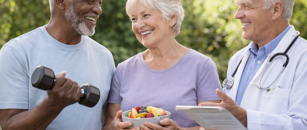 Senior exercising and sharing healthy meals. Doctor sharing health results.