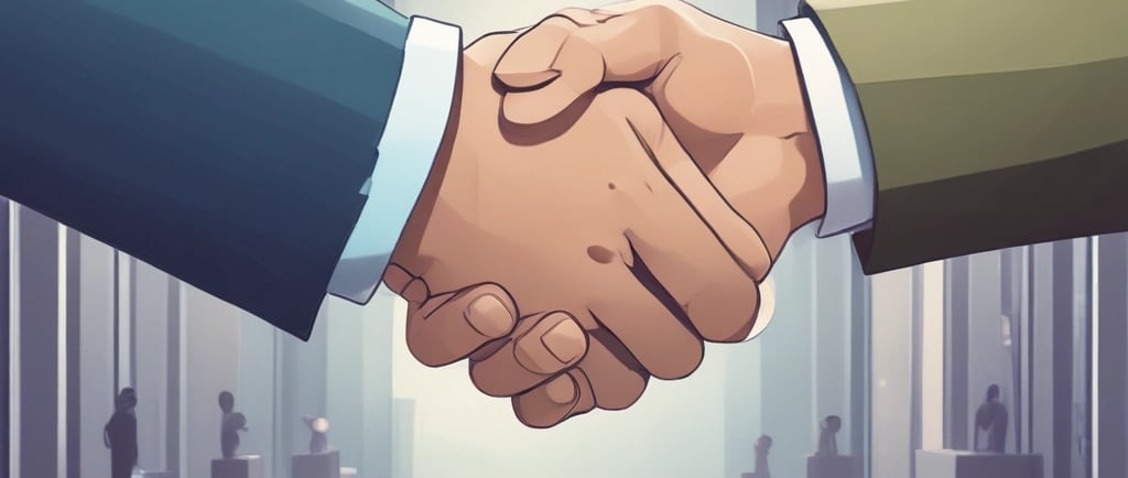 Professional business handshake in a bright office gallery symbolizing a successful corporate deal.