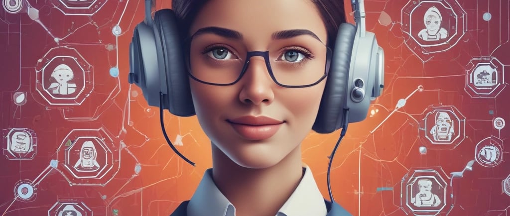 A customer service representative wearing a headset against a digital network background of communication icons.