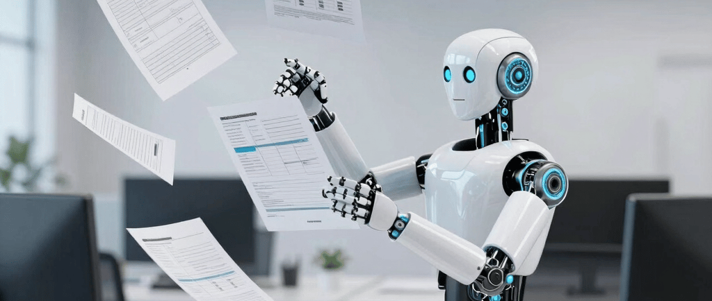 White humanoid AI robot processing floating paper documents in a modern office automation setting.